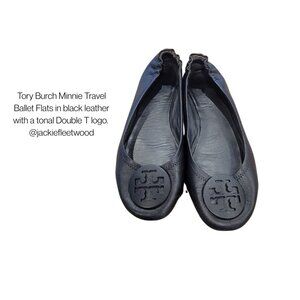 Tory Burch Minnie Travel Ballet Flats in black leather with tonal Double T logo
